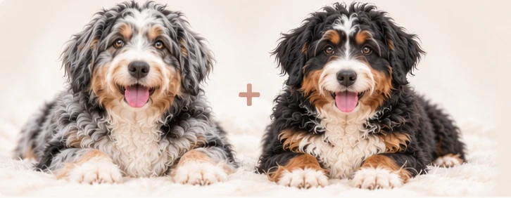 Merle Bernedoodle with tricolour Aussiedoodle